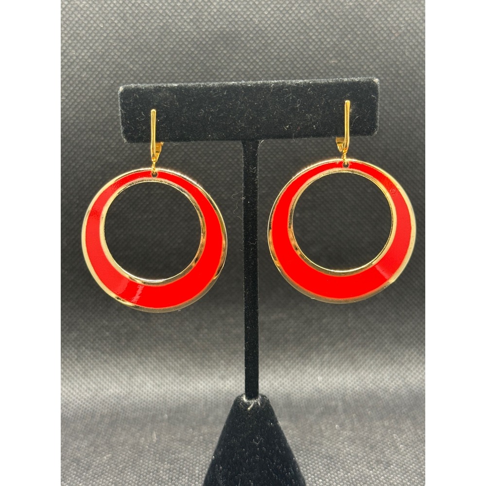 Red Enamel Gold Tone Circular Hoop Lever Back Drop Earrings for Women